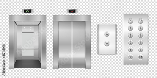 Vector 3d Realistic Blank Empty Open and Closed Steel, Chrome, Silver Metal Office Building Lift Elevator Doors with Buttons Set Closeup Isolated. Floor interior mockup. Business Concept. Front View