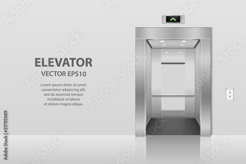 Vector 3d Realistic Blank Empty Open Steel, Chrome, Silver Metal Office Building Lift Elevator Doors with Buttons on Gray Background. Floor interior mockup. Business Concept. Front View