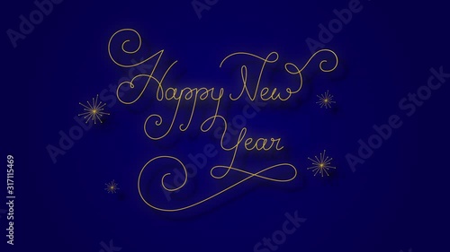 Happy New Year gold handwritten lettered script cursive curly writing animation on blue background with shadow stars night gold vintage elegant stylish fun writing