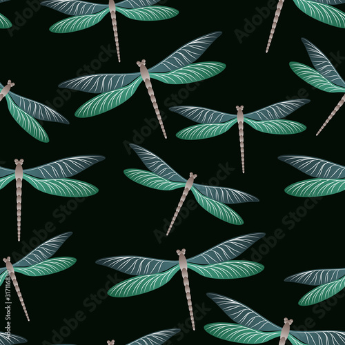 Dragonfly charming seamless pattern. Repeating clothes textile print with damselfly insects. Close 