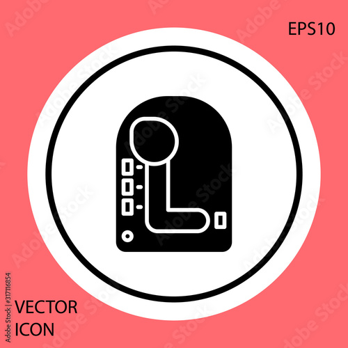 Black Gear shifter icon isolated on red background. Transmission icon. White circle button. Vector Illustration