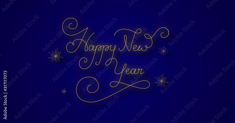 Happy New Year gold handwritten lettered script cursive curly writing animation on blue background with shadow stars night gold vintage elegant stylish fun writing Happy New Year gold handwritten lettered script cursive curly writing animation on blue background with shadow stars night gold vintage elegant stylish fun writing
