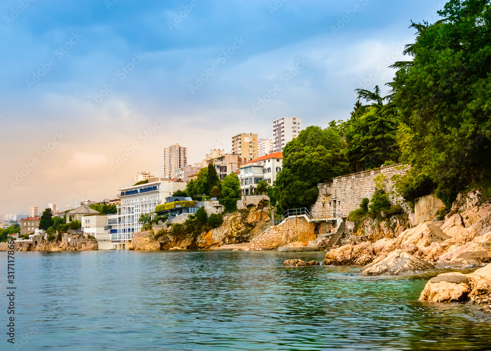Coastline with Sablicevo Beach and hotels on cliffs in Rijeka, Croatia