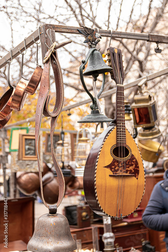 Street market with decoration and musical instruments