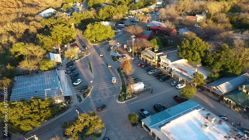 4K Texas Wimberley Aerial Orbit at Sunrise Downtown Main Square Highway 12