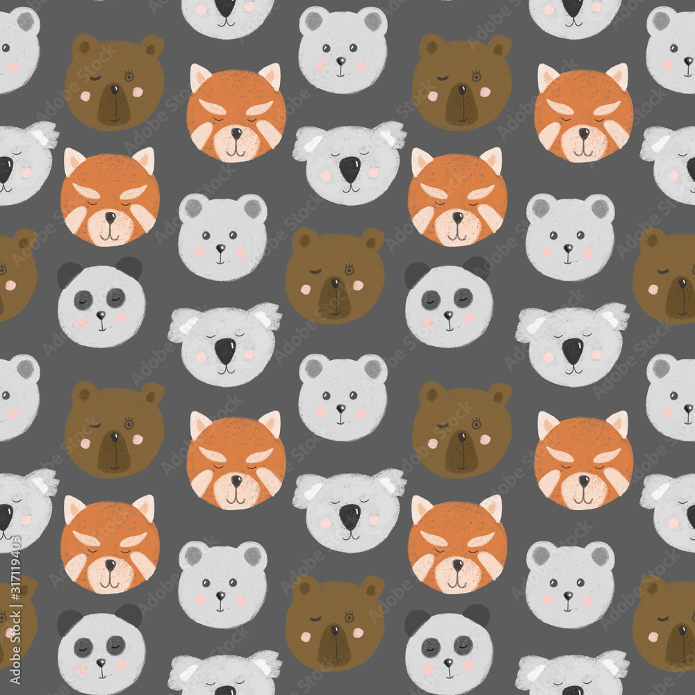 Seamless pattern with cute bear faces (bear, polar bear, panda, red panda, koala), hand drawn isolated on a dark grey background