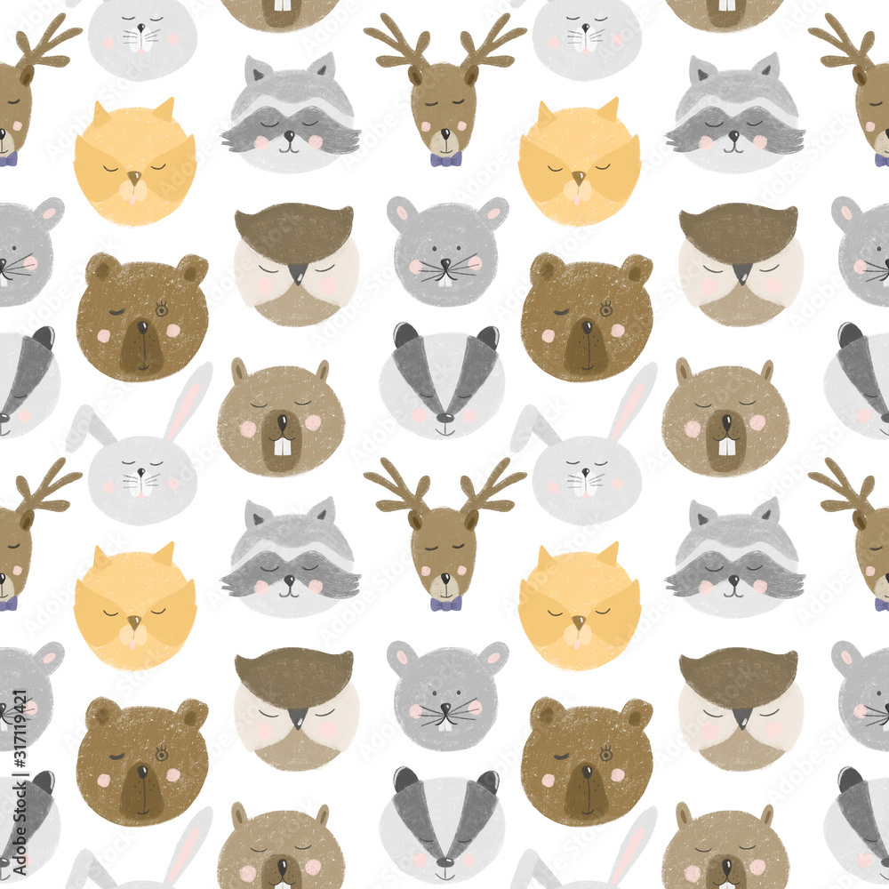 Seamless pattern with cute forest animal faces, hand drawn isolated on a white background
