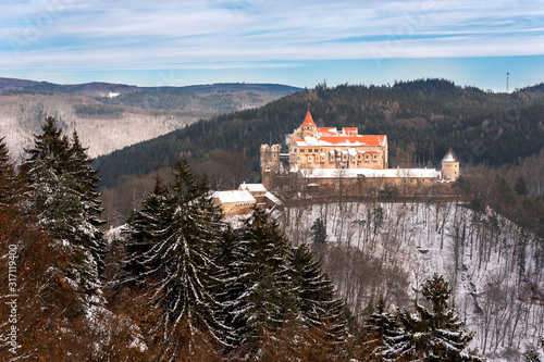 Pernstejn Castle in winter time, northwest of Brno, in the South Moravian Region, Czech Republic photo