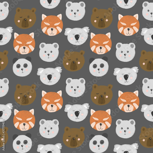 Fototapeta Naklejka Na Ścianę i Meble -  Seamless pattern with cute bear faces (bear, polar bear, panda, red panda, koala), hand drawn isolated on a dark grey background