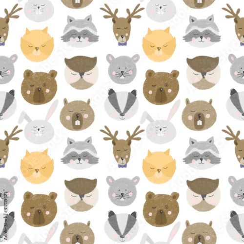 Fototapeta Naklejka Na Ścianę i Meble -  Seamless pattern with cute forest animal faces, hand drawn isolated on a white background