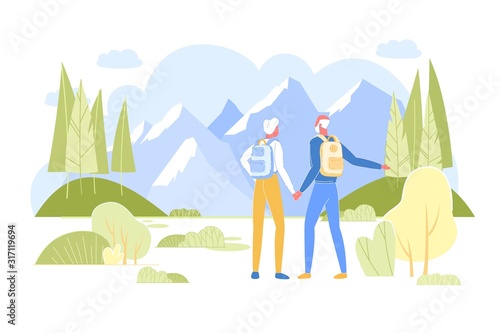 Senior Couple with Backpacks Admiring Mountains