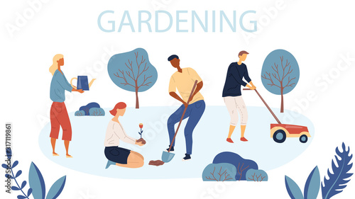 People Gardening. Woman and Man are Planting Gardens Flowers, Man is Mowing the Lawn. Agriculture and Garden Job. Gardening Characters. Flat style. Vector Illustration