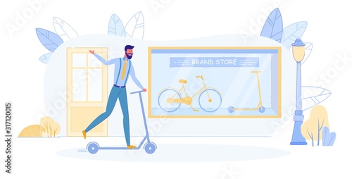 Man Riding Kick Electric Scooter near Brand Store