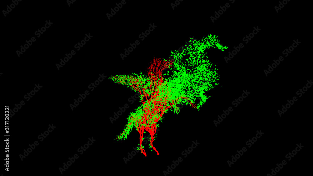 Growing Tree in a shape of Pegasus. Mythical winged divine horse. Eco Concept. 3D rendering. Growing Tree in a shape of Pegasus. Mythical winged divine horse. Eco Concept. 3D rendering.