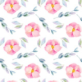Seamless pattern of watercolor pink briar flowers and branches, hand painted on white background