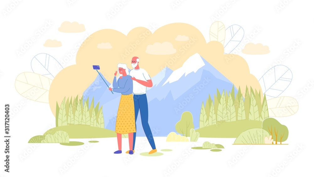 Loving Elderly Couple Making Selfie in Mountains