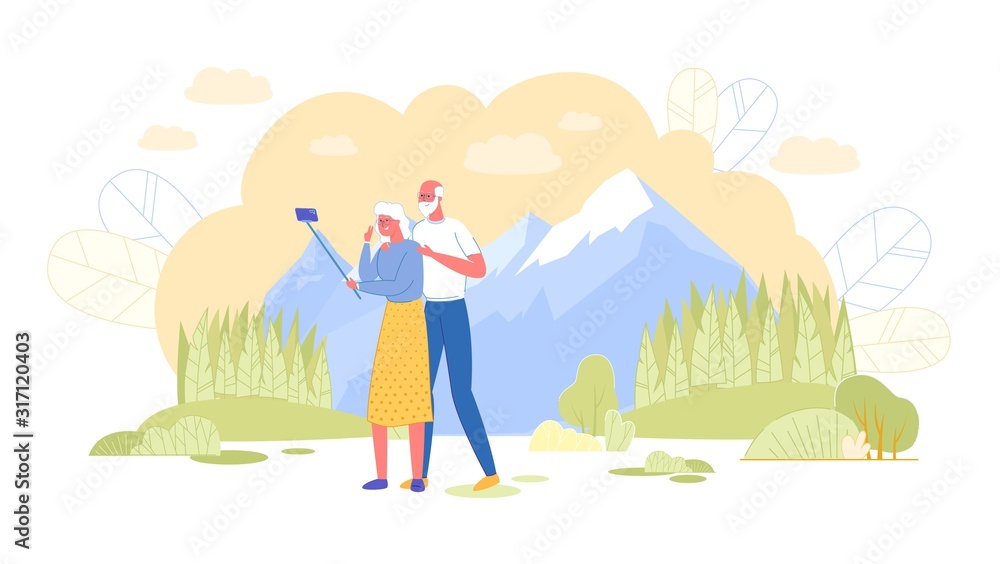Loving Elderly Couple Making Selfie in Mountains Loving Elderly Couple Making Selfie in Mountains