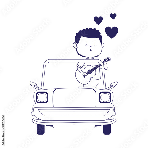 classic car with man singing icon, flat design