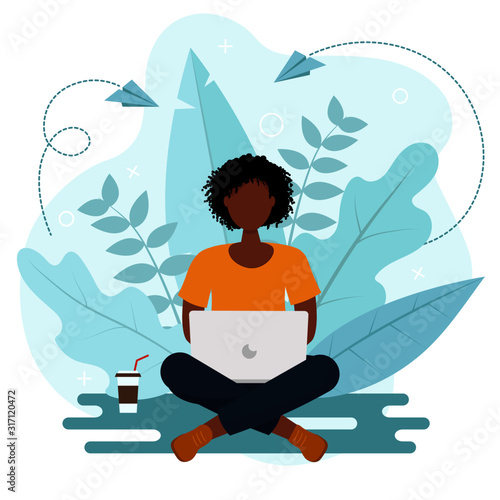 Woman with laptop sitting in nature and leaves. Concept illustration for working, freelancing, studying, education, work from home. Vector illustration in flat style