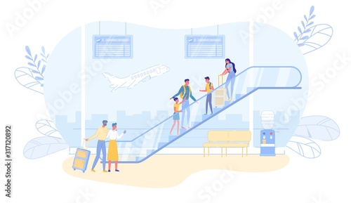 Airline Passengers Characters Stand on Escalator.