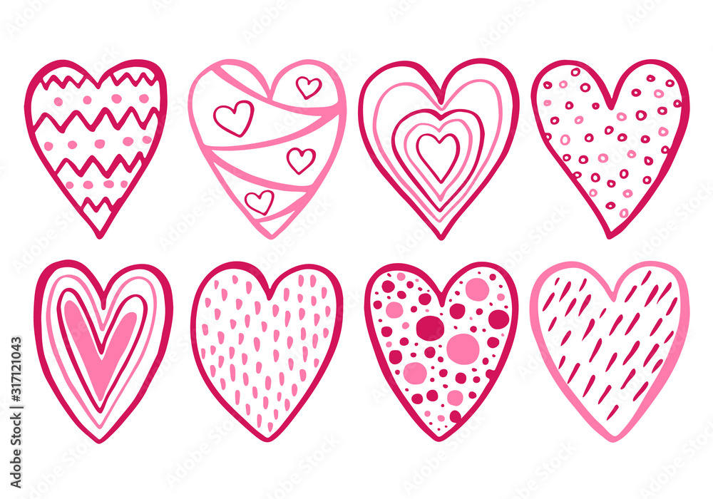 A set of pink decorative hand-drawn hearts