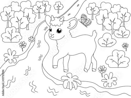 Children coloring book, farm animal. Goat on the river bank, meadow. Vector cartoon