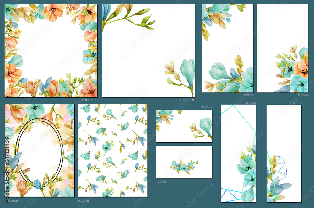 Card templates set with watercolor peach and blue freesia flowers; artistic design for business, wedding, anniversary invitation, flyers, brochures, table number, RSVP, Thank you card, Save the date