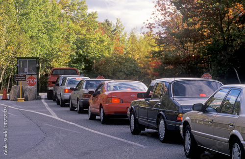Cars Lined Up At Entry To Acadia National Park, Maine
