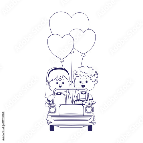 Happy boy and girl in a classic car with heart balloons, flat design