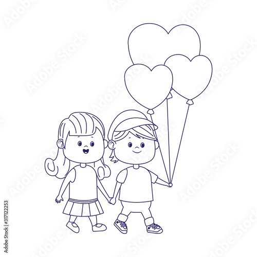 happy girl and boy walking with hearts balloons, flat design