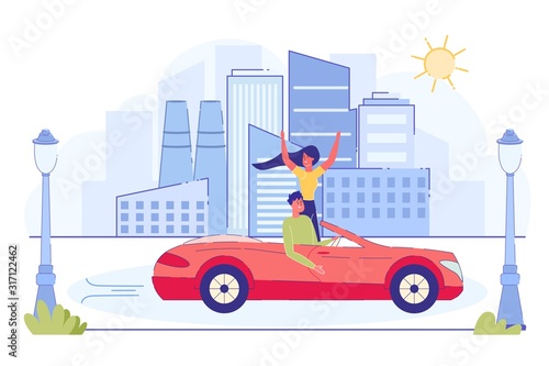 Happy Couple Riding Red Cabriolet Car on Cityscape