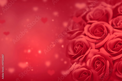 Valentines Day Background - Red Roses And Blured Hearts On Abstract Romantic Background. Valentines Day Concept.
