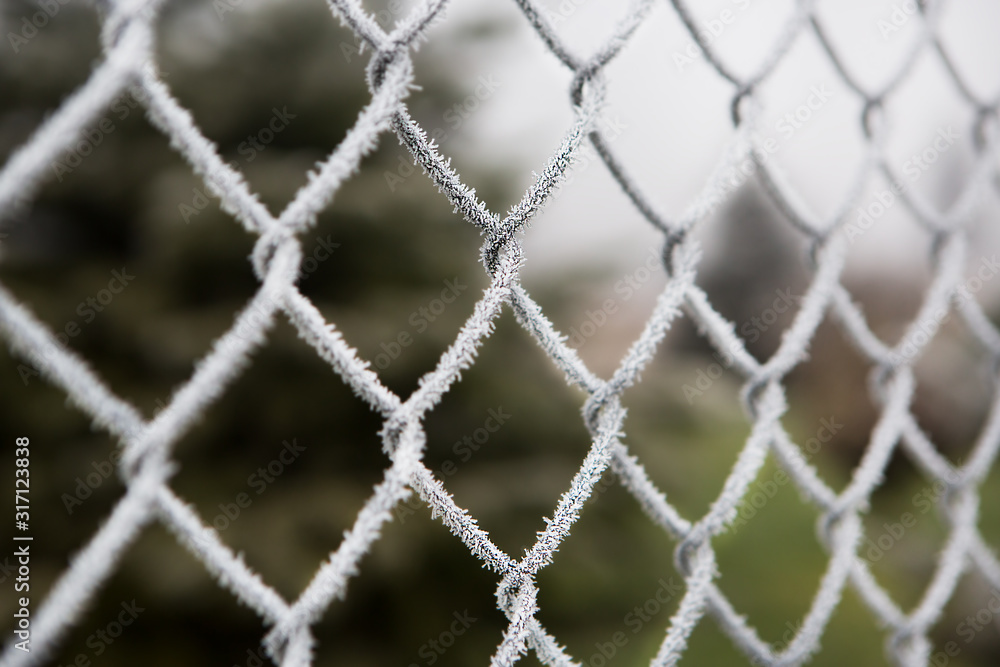 Ice crystals or hoarfrost on a metal mesh fence. Abstract background. Ice crystals or hoarfrost on a metal mesh fence. Abstract background.
