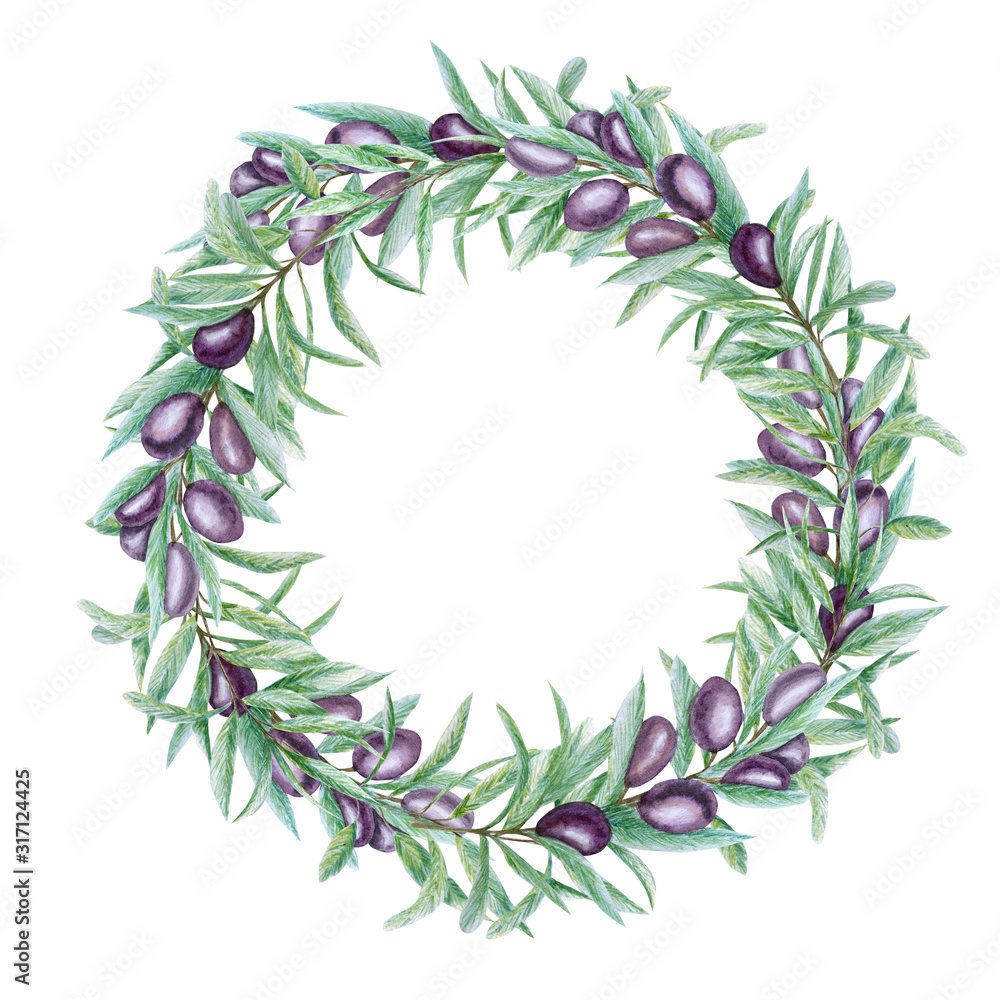 Watercolor black olive tree branch leaves wreath, Realistic olives illustration on white background, Hand painted Frame. Isolated Border design for invitations, greeting card, poster, label concept.