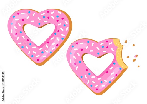 Saint Valentine's Day. Holiday sweet donut with pink glaze in shape heart, bitten donut. View from above. Vector illustration