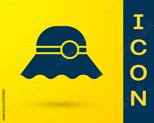 Blue Elegant women hat icon isolated on yellow background. Vector Illustration