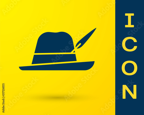 Blue Oktoberfest hat icon isolated on yellow background. Hunter hat with feather. German hat. Vector Illustration