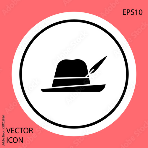 Black Oktoberfest hat icon isolated on red background. Hunter hat with feather. German hat. White circle button. Vector Illustration