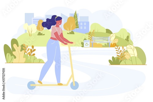 Young Woman Driving Scooter in City Park at Summer