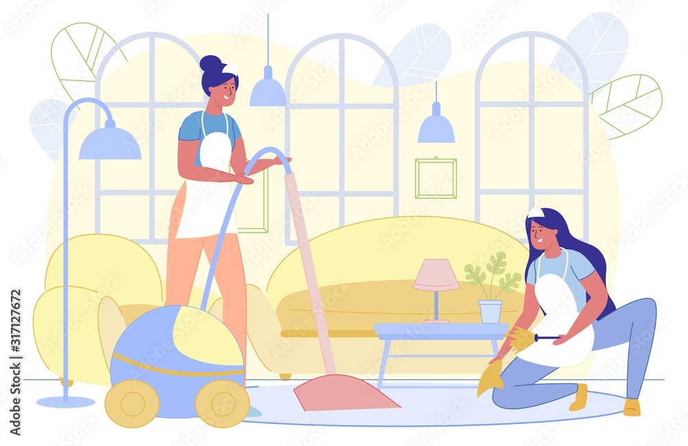 Obraz premium Cleaning Company Workers Vacuumimg Floor, Dust.