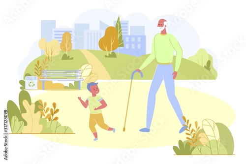 Boy and Grandfather Walking in Summer City Park