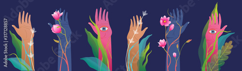 Hands raised with eyes on palms watching mysterious and spiritual horizontal design.