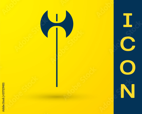 Blue Medieval axe icon isolated on yellow background. Battle axe, executioner axe. Medieval weapon. Vector Illustration