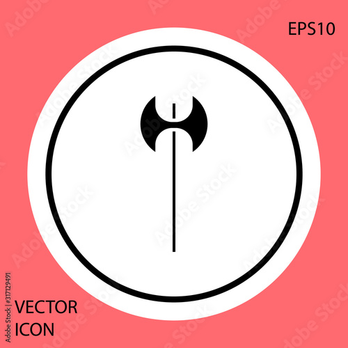 Black Medieval axe icon isolated on red background. Battle axe, executioner axe. Medieval weapon. White circle button. Vector Illustration