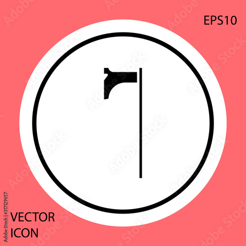 Black Medieval axe icon isolated on red background. Battle axe, executioner axe. Medieval weapon. White circle button. Vector Illustration