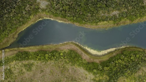 Aerial Birdview of Lake Cuicocha during morning. Otavalo, Ecuador.