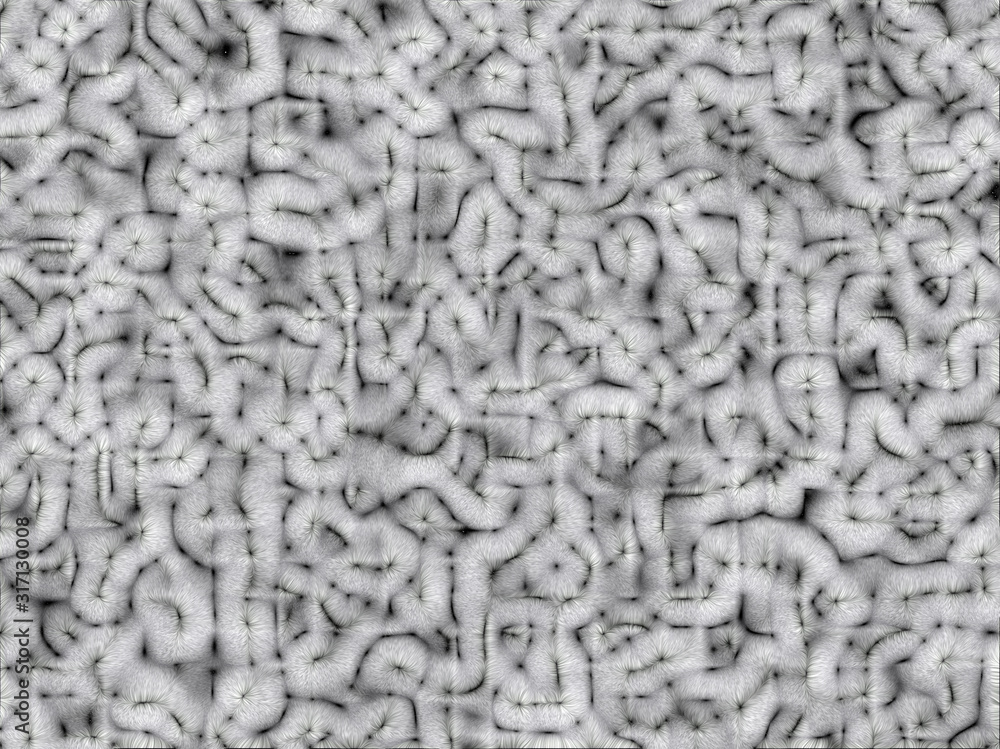 Generative fluffy backdrop - computer generated furry design - gray downy plexus background or texture with folds