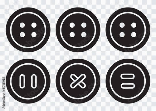 Black round clothing buttons with thread on transparent background. Vector illustration