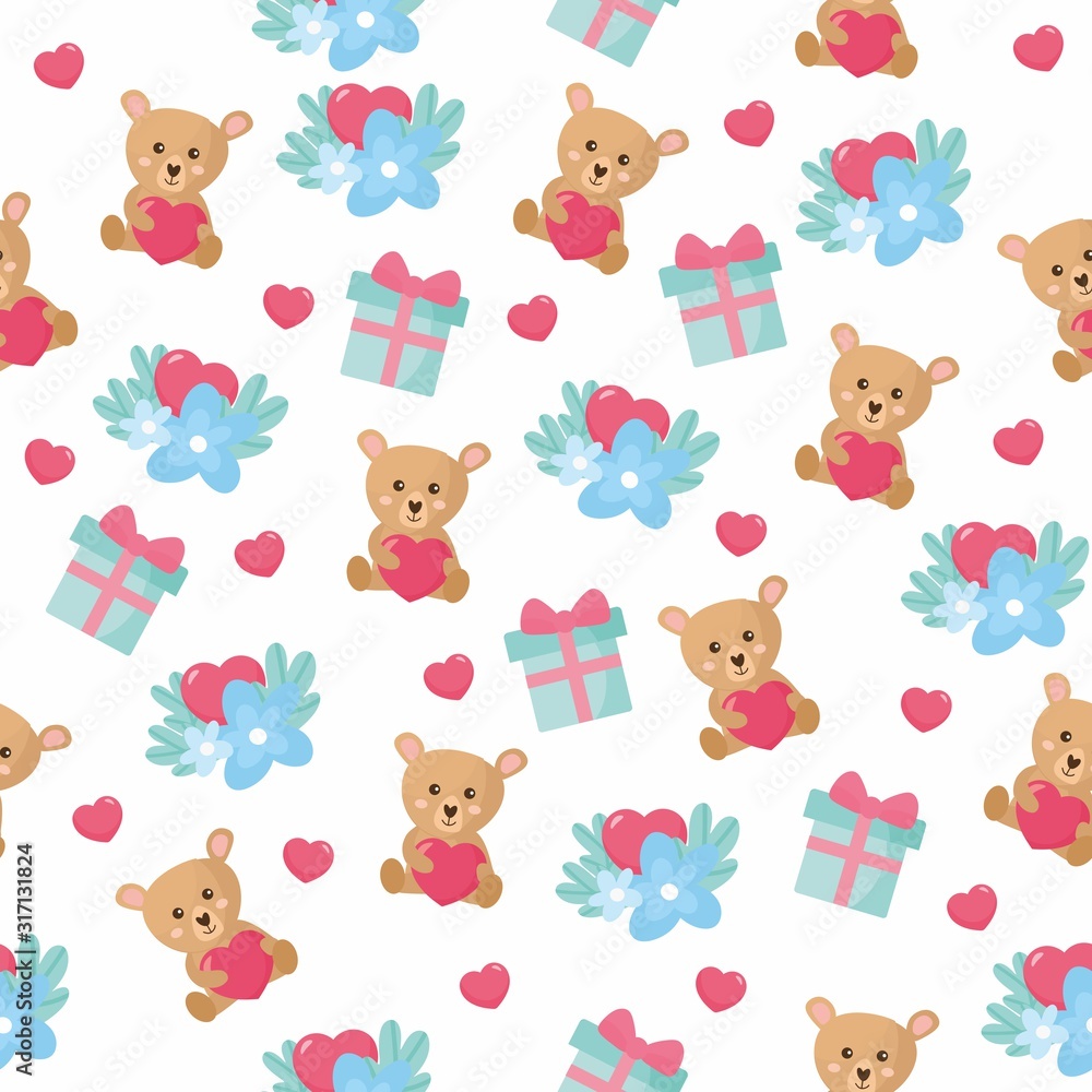 Seamless pattern for Valentine's Day. Bright illustration with teddy bear, gift box, floral bouquet. Background for fabric print, texture and wrapping paper.