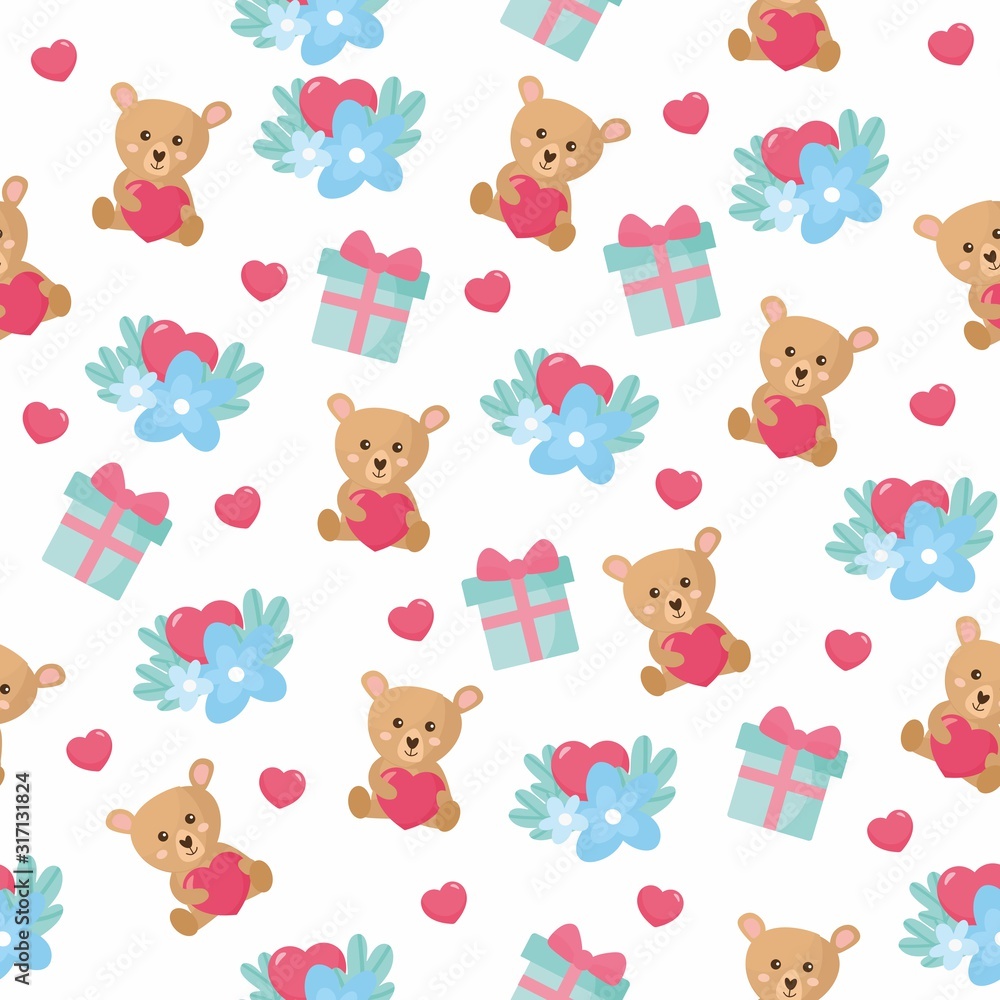Seamless pattern for Valentine's Day. Bright illustration with teddy bear, gift box, floral bouquet. Background for fabric print, texture and wrapping paper. Seamless pattern for Valentine's Day. Bright illustration with teddy bear, gift box, floral bouquet. Background for fabric print, texture and wrapping paper.